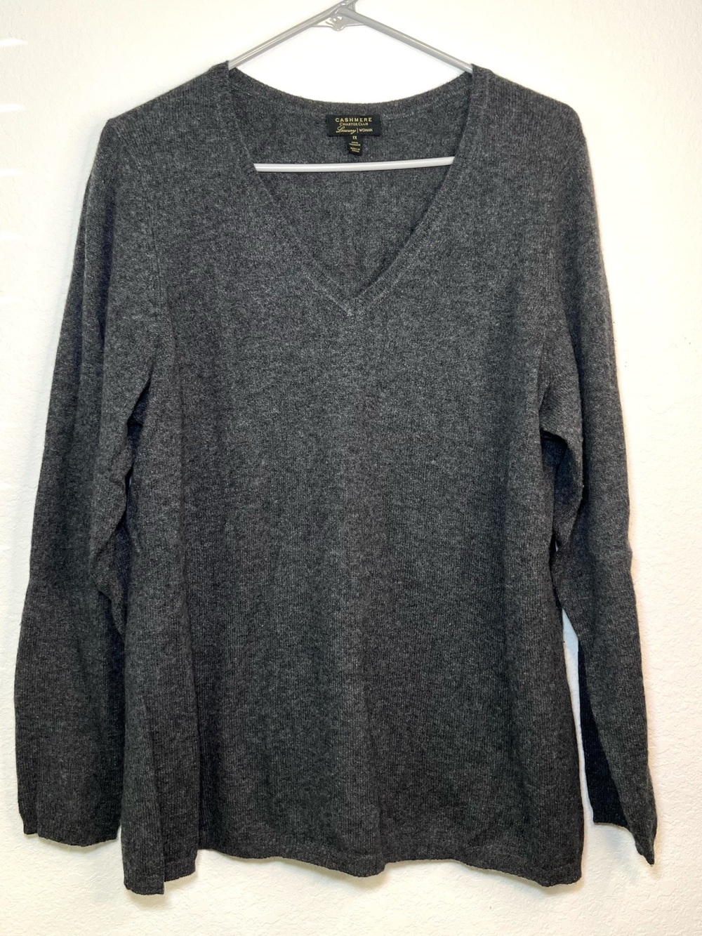 CHARTER CLUB Luxury 100% Cashmere Women's V neck Dark Grey Sweater Size 1X
